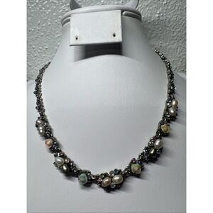 Cookie Lee freshwater pearl necklace Rhinestone Silver Tone 18"